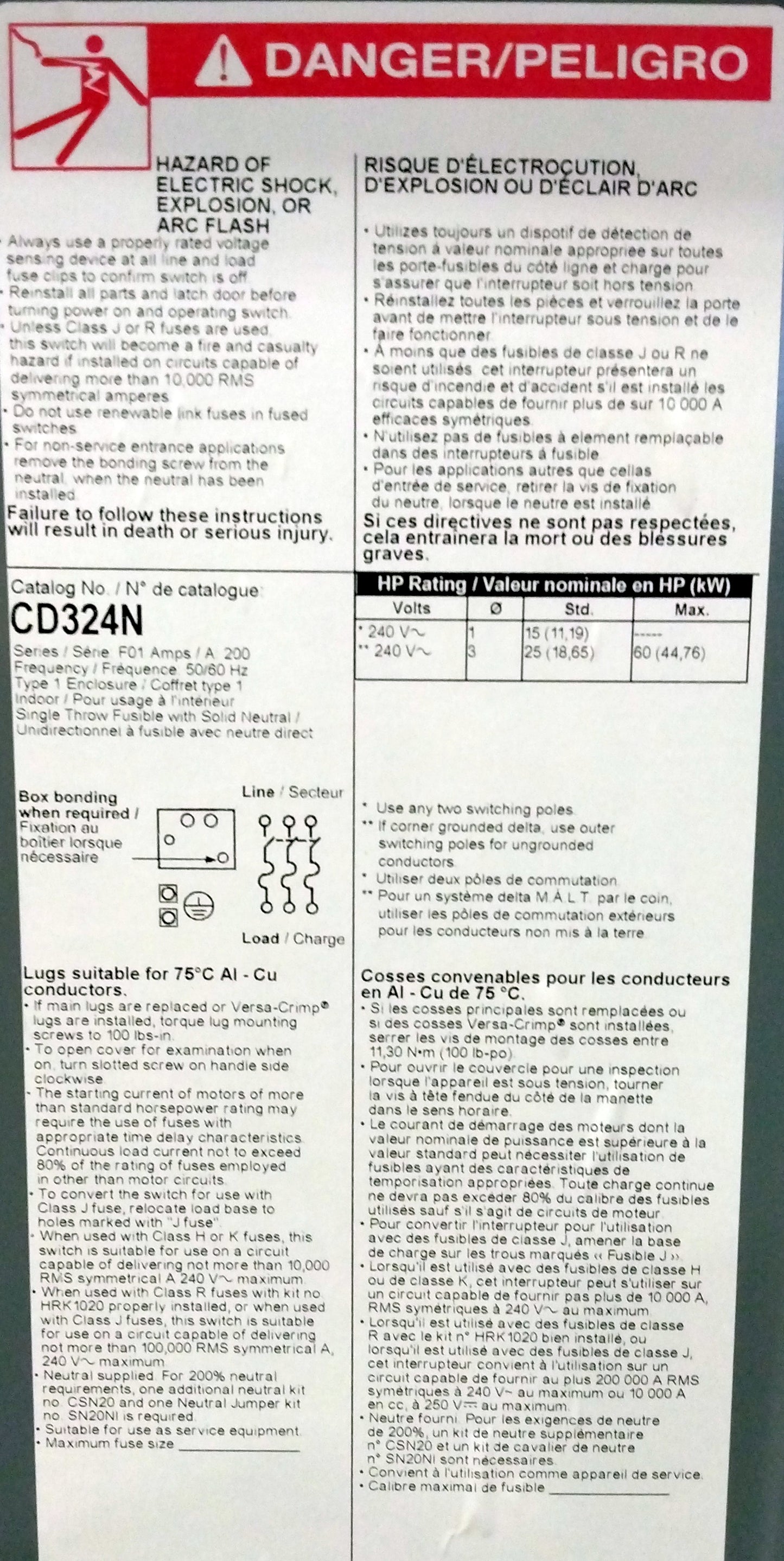 Square D 3-Ph 200A 120/240V Fusible Safety Switch Cat No CD324N