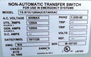 1200A 600V Non-Automatic Transfer Switch For Use in Emergency Systems