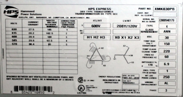 30 kVA HPS New Transformer 600-208Y/120V Cat No XMK030PB SKU 1020