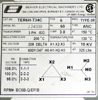 6 kVA BEAVER New Transformer 208D-600Y/347V Cat No TER6H-T34C SKU 1022