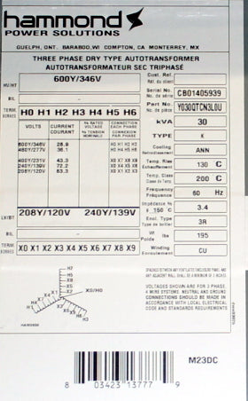 30 kVA HPS New Transformer 600Y/346-208Y/120/240Y/139V Cat No Y030QTCN3LOU SKU 1023