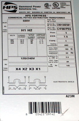 7.5 kVA HPS New Transformer 600-120/240V Cat No C1F007PES SKU 1031