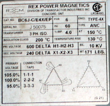 6 kVA REX New Transformer 600-240DV Cat No BC6J-C/E4X/EP SKU 1032