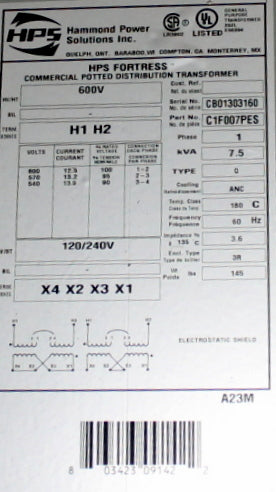 7.5 kVA HPS New Transformer 600-120/240V Cat No C1F007PES SKU 1033