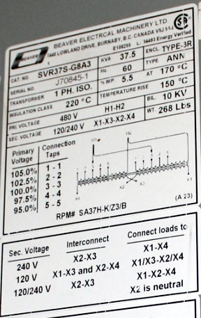 37.5 kVA BEAVER New Transformer 480-120/240V Cat No SVR37S-G8A3 SKU 1046