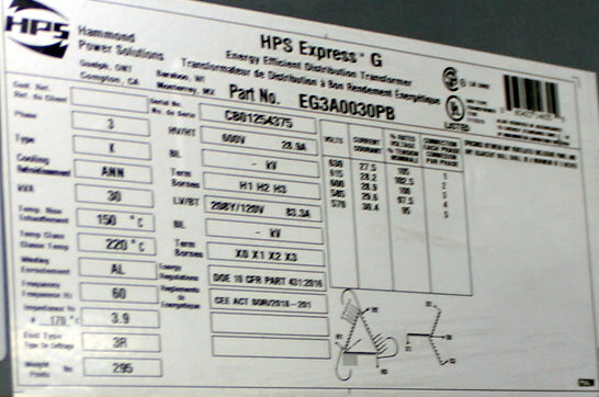 30 kVA HPS New Transformer 600-208Y/120V Cat No EG3A0030PB SKU 1063