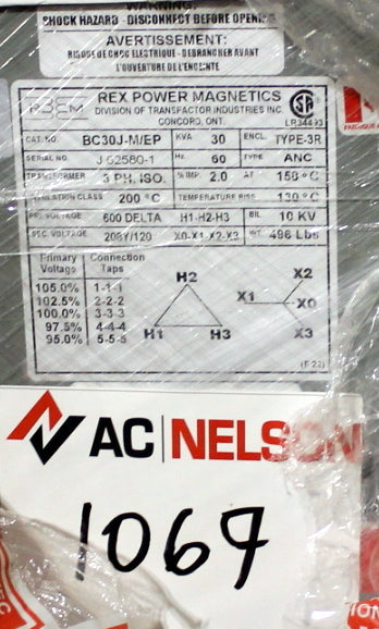 30 kVA REX New Transformer 600-120/208V Cat No BC30J-M/EP SKU 1069