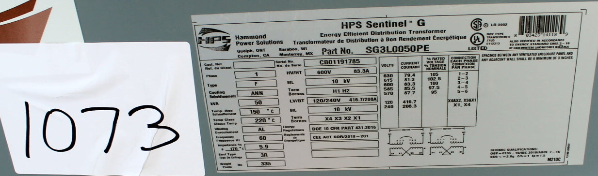 50 kVA HPS New Transformer 600-120/240V Cat No XG3L0050PE SKU 1073