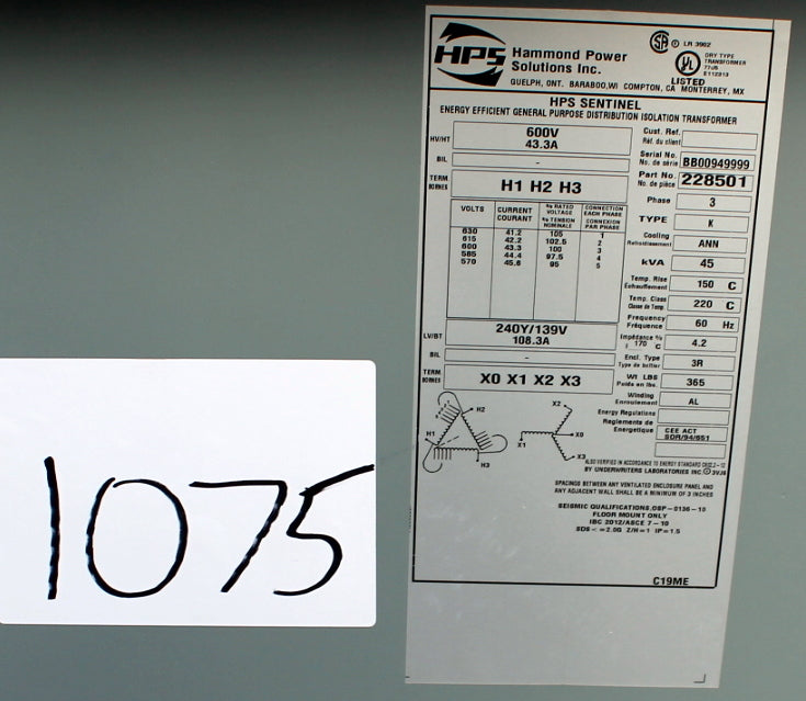 45 kVA HPS New Transformer 600-240/139V Cat No 228501 SKU 1075