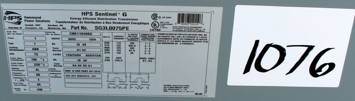 75 kVA HPS New Transformer 600-120/240V Cat No XG3L0075PE SKU 1076