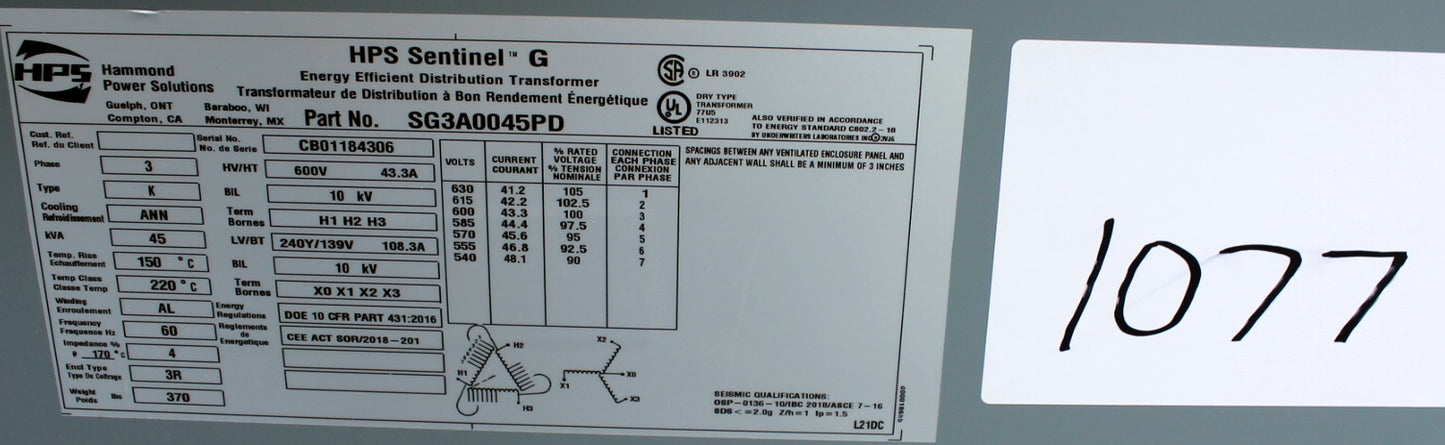 45 kVA HPS New Transformer 600-240/139V Cat No XG3A0045PD SKU 1077