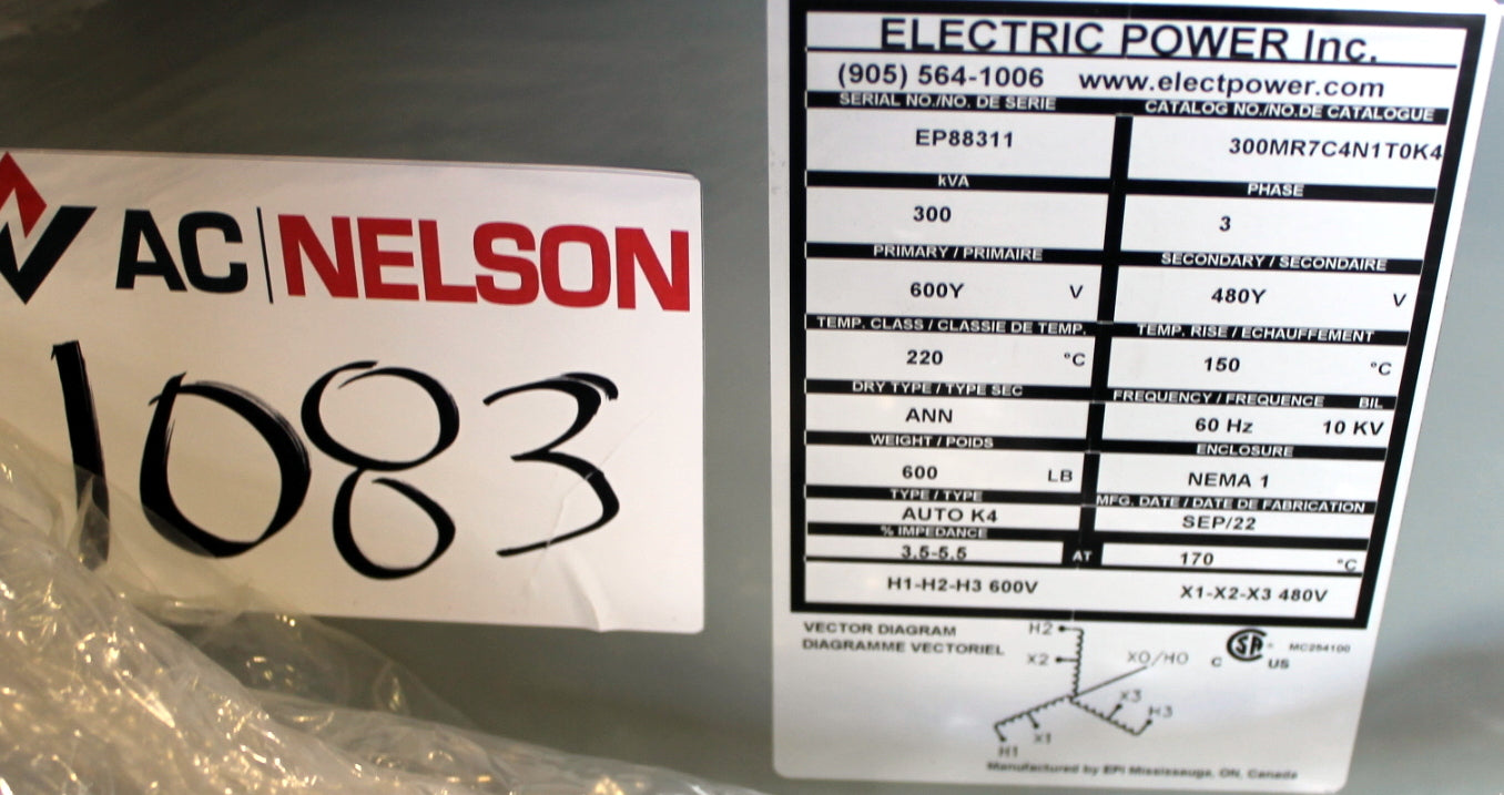 300 kVA EPI New Transformer 600-480V Cat No 300MR7C4NITOK4 SKU 1083