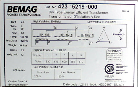 45 kVA BEMAG New Transformer 600-120/208V Cat No 423-5219-000 SKU 1111