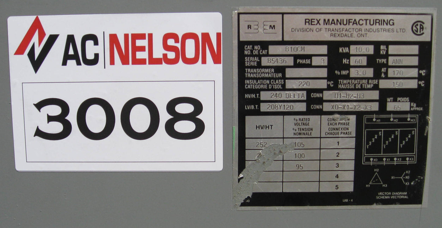 10 kVA REX Reconditioned Transformer 240D-208Y/120V Cat No B10CM SKU 3008