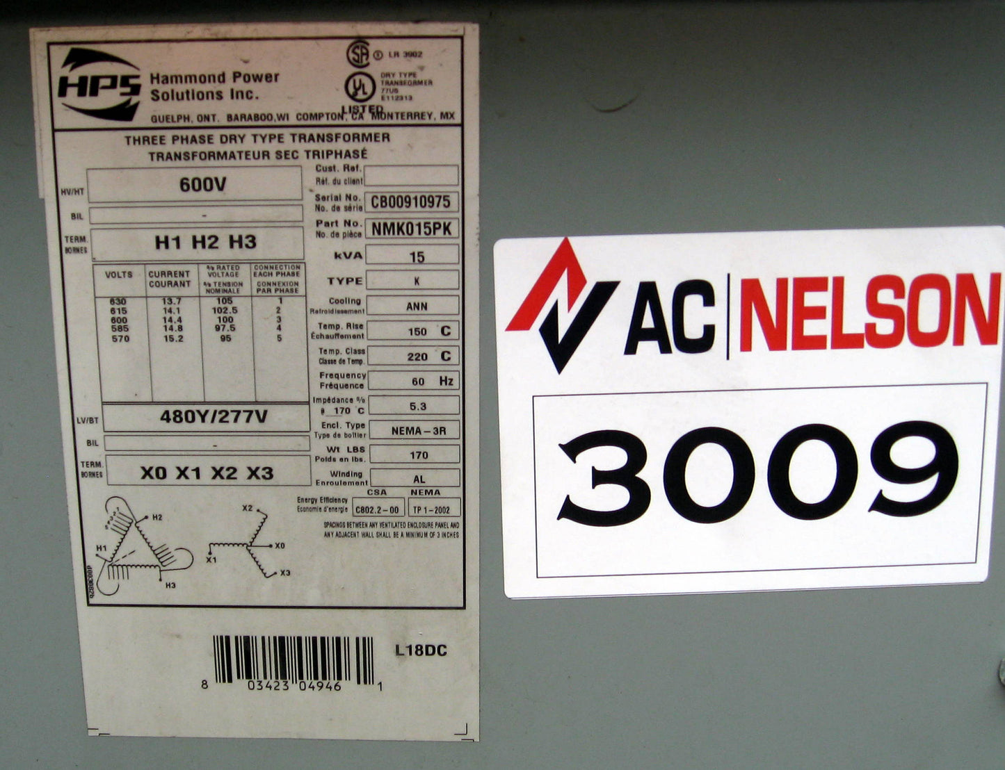 15 kVA HPS Reconditioned Transformer 600-480Y/277V Cat No NMK015PK SKU 3009