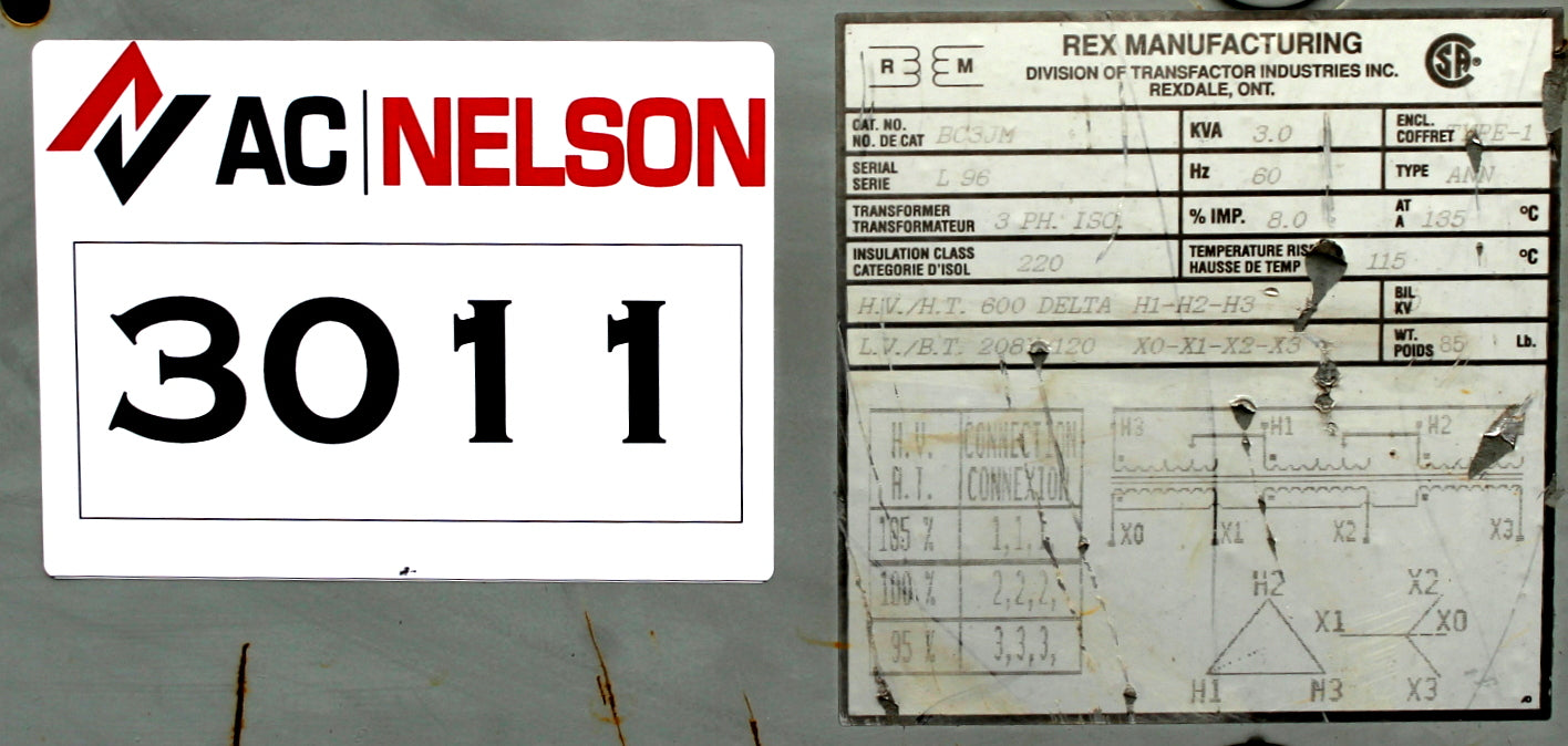 3 kVA REX Reconditioned Transformer 600-120/208V Cat No BC3JM SKU 3011