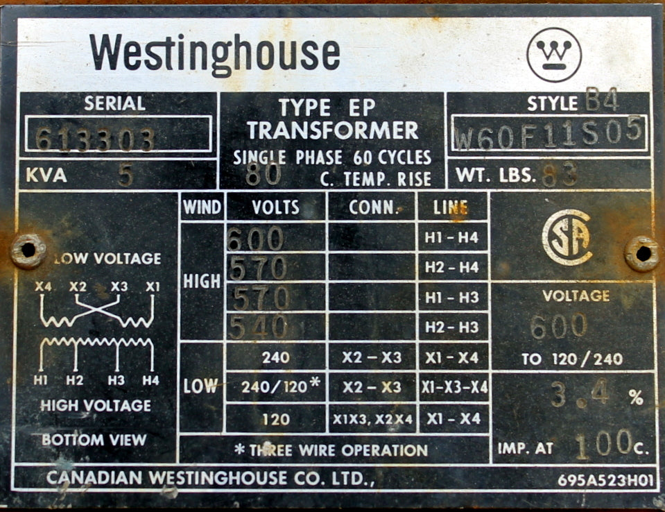 5 kVA WESTINGHOUSE Reconditioned Transformer 600-120/240V Cat No W60F11505-B4 SKU 3016