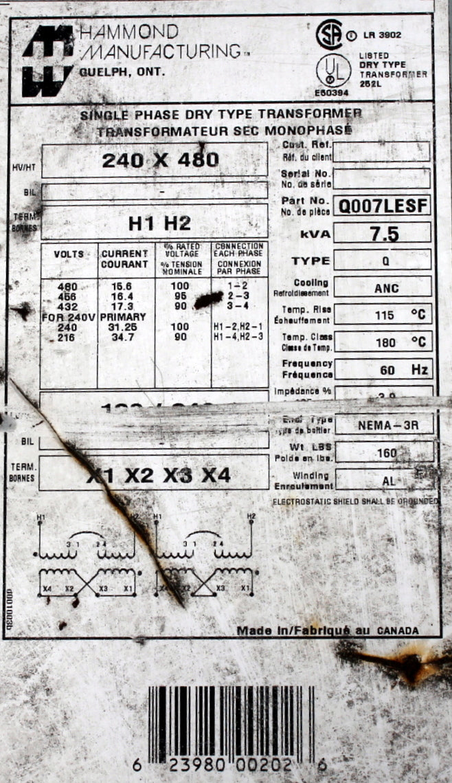 7.5 kVA HPS Reconditioned Transformer 240/480-240/480V Cat No Q007LESF SKU 3021