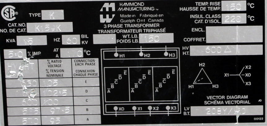 5 kVA HPS Reconditioned Transformer 600-120/208V Cat No K159K SKU 3029