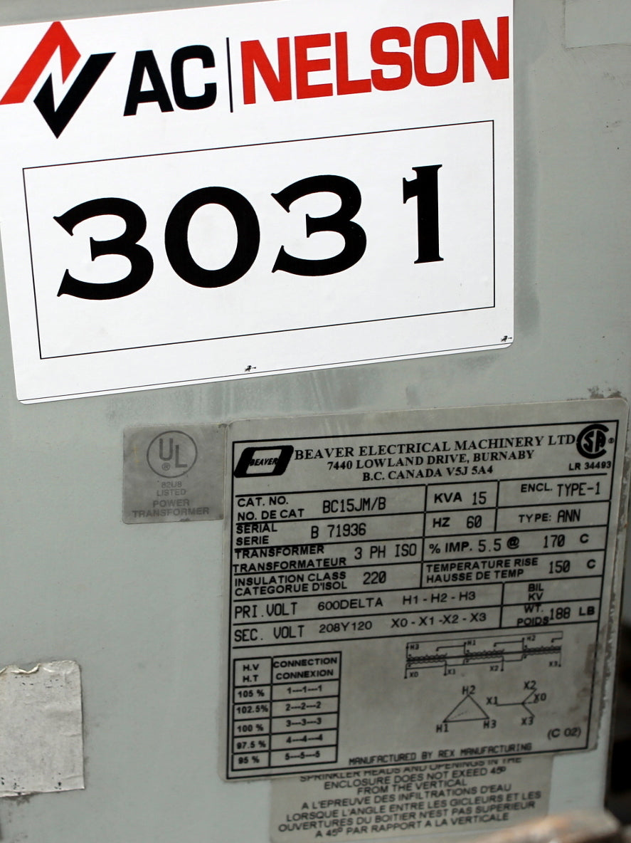 15 kVA REX Reconditioned Transformer 600-120/208V Cat No BC15JM/B SKU 3031