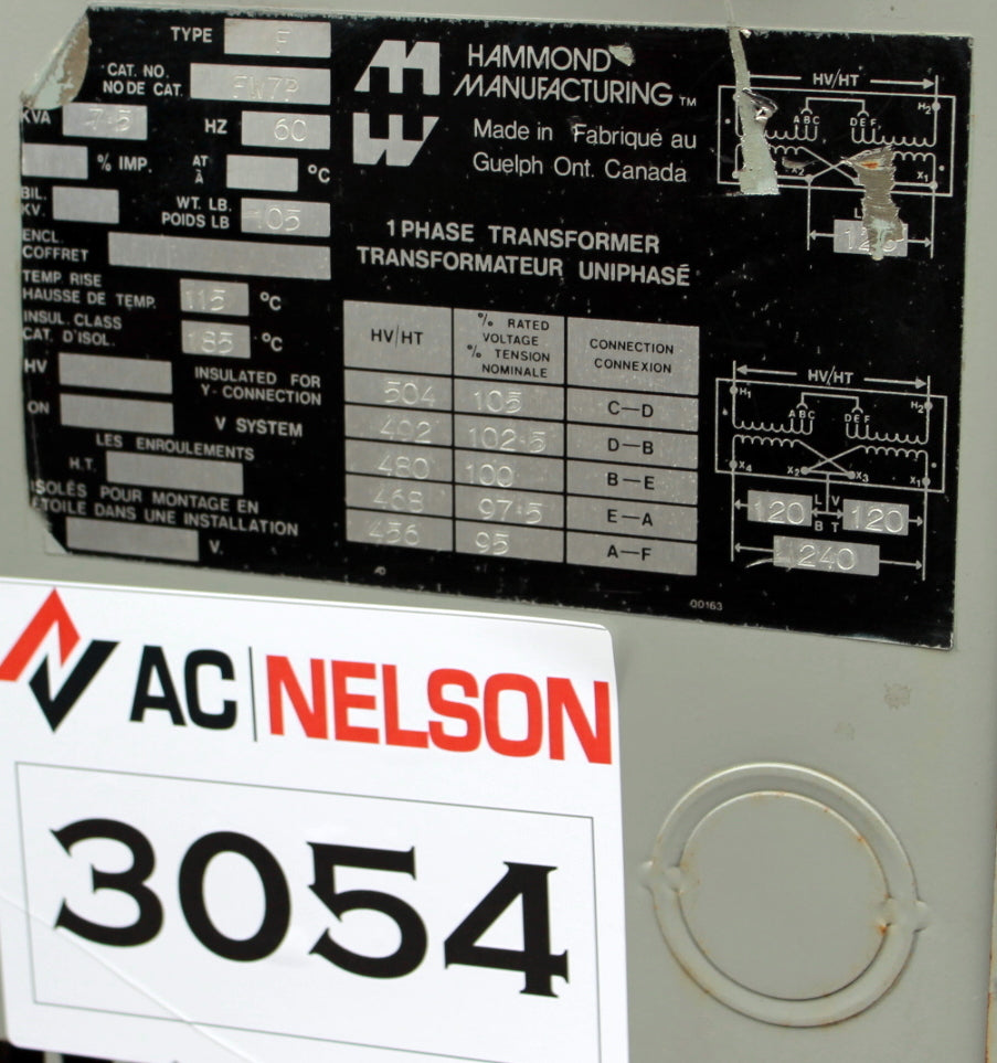 7.5 kVA HPS Reconditioned Transformer 480-120/240V Cat No FW7P SKU 3054