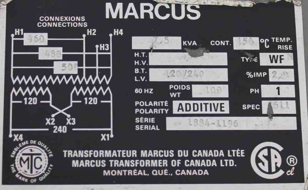7.5 kVA MARCUS Reconditioned Transformer 480-120/240V Cat No 1884-1196 SKU 3056