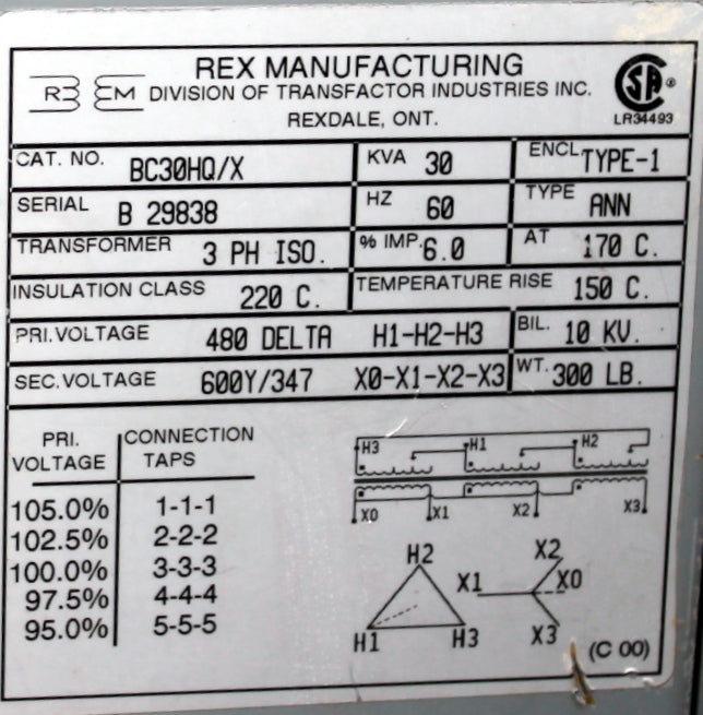30 kVA REX Reconditioned Transformer 480-600/347V Cat No BC30HQ/X SKU 3066