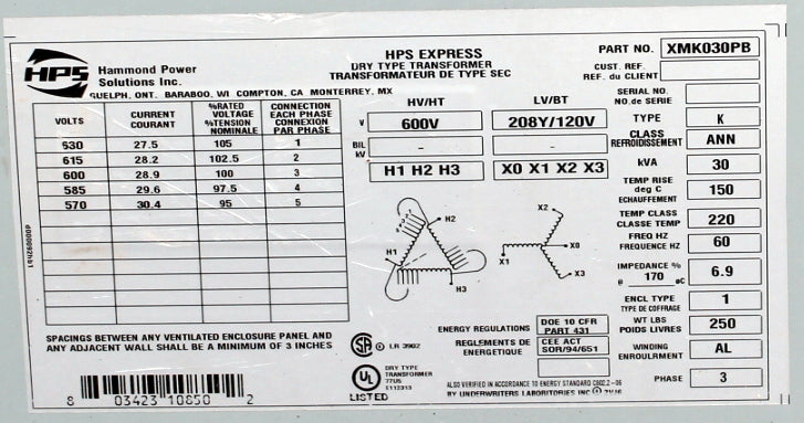 30 kVA HPS Reconditioned Transformer 600-120/208V Cat No XMK030PB SKU 3079