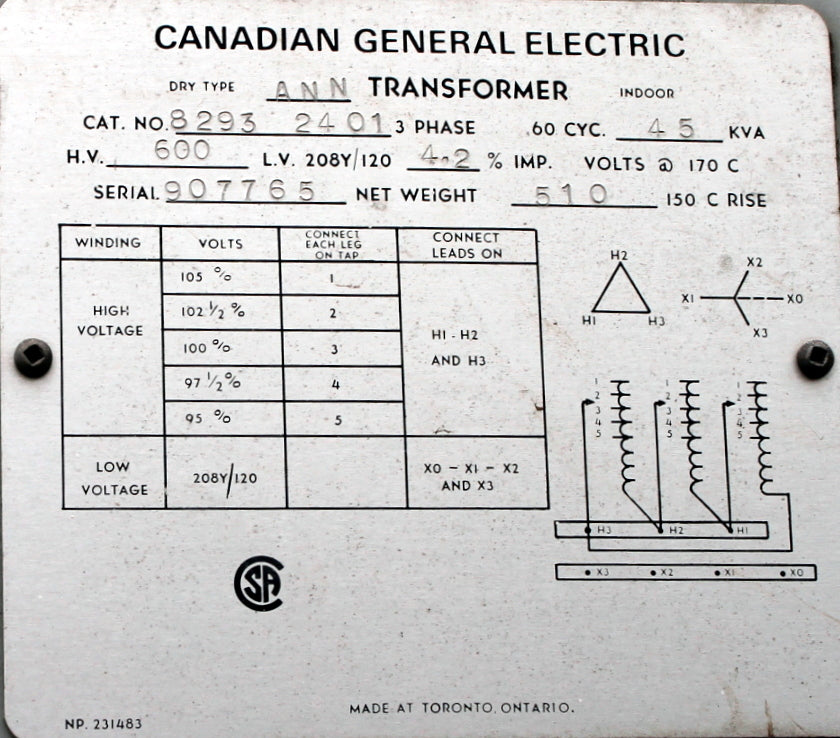 45 kVA GE Reconditioned Transformer 600-120/208V Cat No SKU 3114