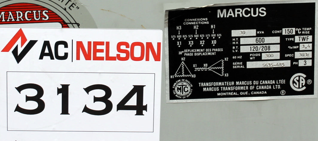 30 kVA MARCUS Reconditioned Transformer 600-120/208V Cat No 5635-485 SKU 3134