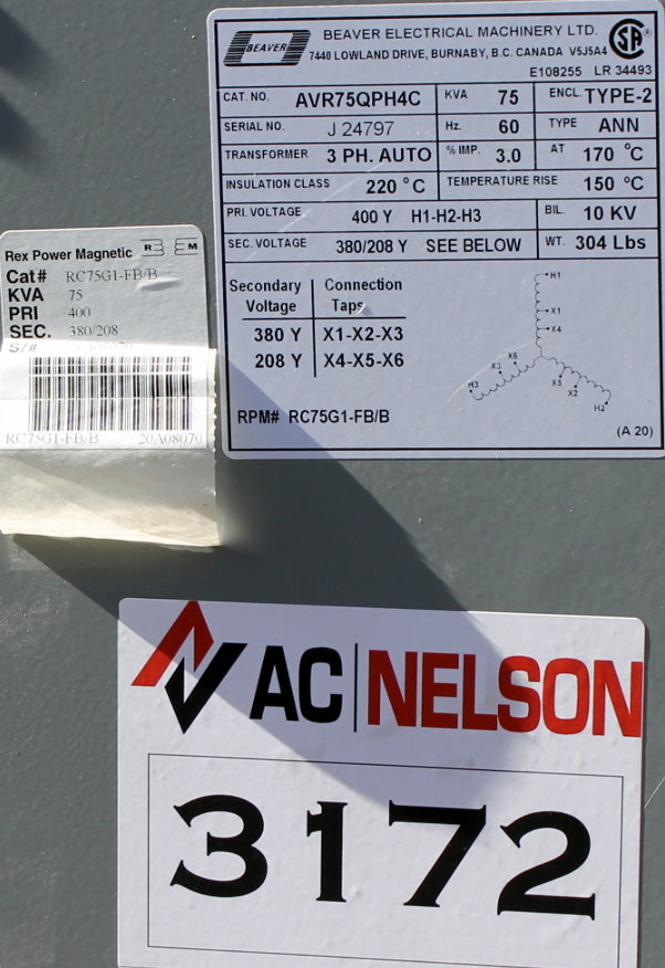 75 kVA REX Reconditioned Transformer 400-380/208V Cat No AVR75QPH4C SKU 3172