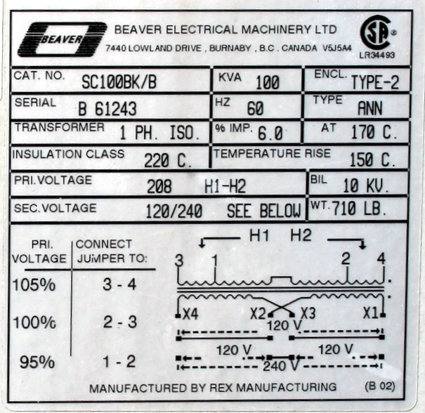 100 kVA REX Reconditioned Transformer 208-120/240V Cat No SC100BK/B SKU 3177