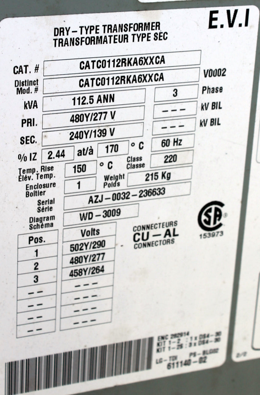 112.5 kVA DELTA Reconditioned Transformer 480/277-240/139V Cat No CATC011ZRKA6XXCA SKU 3183