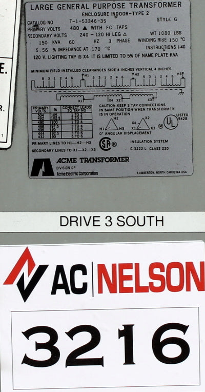 150 kVA ACME Reconditioned Transformer 480-120/240V Cat No T-1-53346-35 SKU 3216