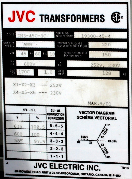 45 kVA JVC Reconditioned Transformer 600-252/230V Cat No DH3-45C-8C SKU 3232