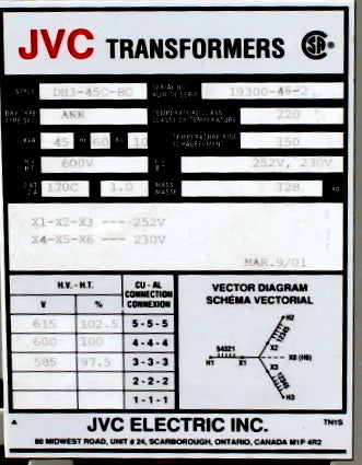 45 kVA JVC Reconditioned Transformer 600-252/230V Cat No DH3-45C-8C SKU 3233