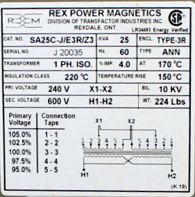 75 kVA REX Reconditioned Transformer 480/277-240/139V Cat No B75-3480240-2 SKU 3261