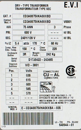 75 kVA DELTA Reconditioned Transformer 600-240/139V Cat No CD3A0075VKA6XXBD SKU 3262