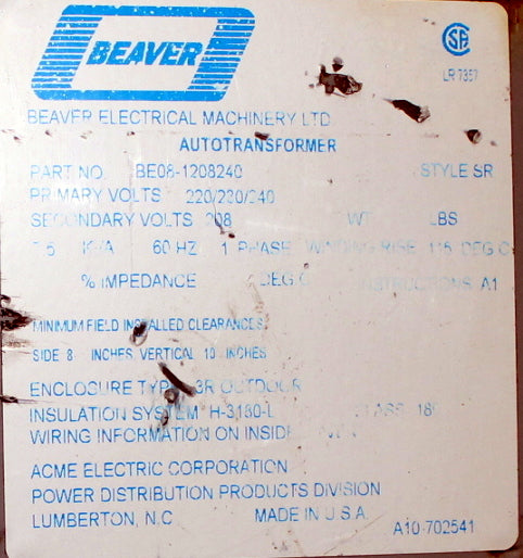 7.5 kVA BEAVER Reconditioned Transformer 220/220/240-208V Cat No BED8-1208240 SKU 3317