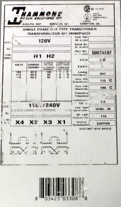 7 kVA HPS Reconditioned Transformer 120-120/240V Cat No Q007AEKF SKU 3342