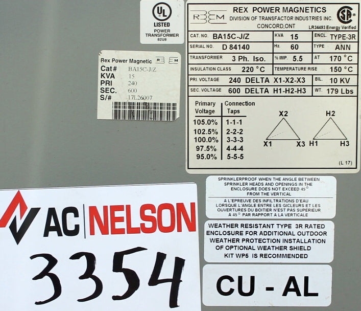 15 kVA REX Reconditioned Transformer 240-600V Cat No BA15C-J12 SKU 3354
