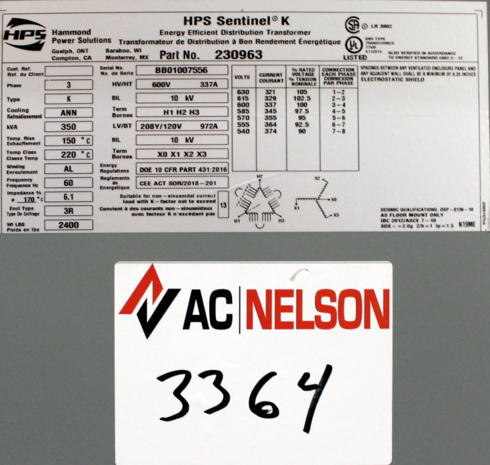 350 kVA HPS Reconditioned Transformer 600-120/208V Cat No 230963 SKU 3364