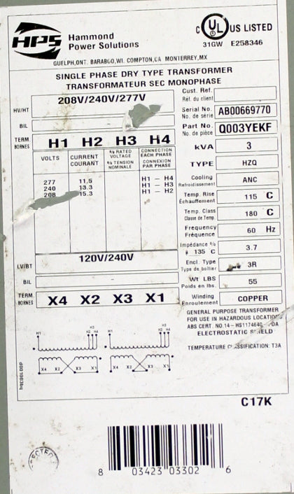 3 kVA HPS Reconditioned Transformer 208/240/277-120/240V Cat No Q003YEKF SKU 3377