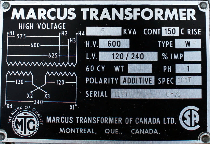 5 kVA Marcus Reconditioned Transformer 600-120/240V Cat No 11911 SKU 3383