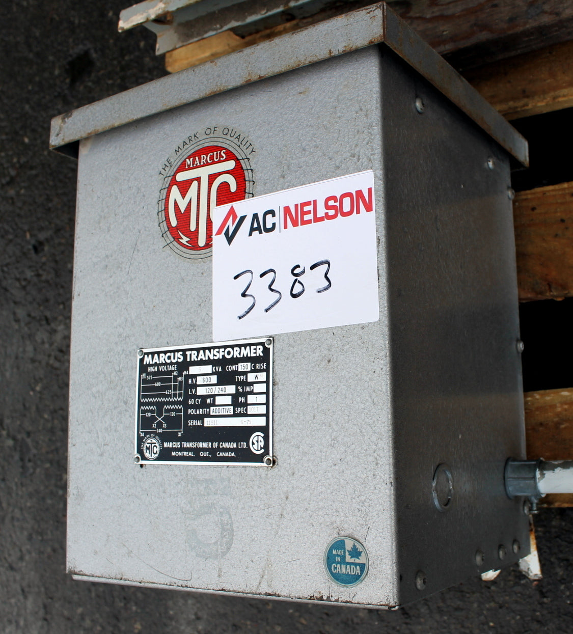 5 kVA Marcus Reconditioned Transformer 600-120/240V Cat No 11911 SKU 3383