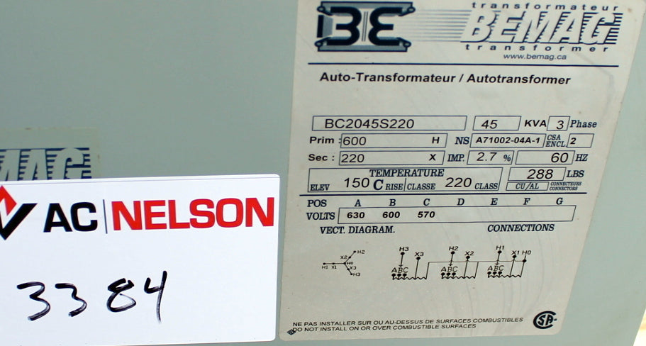 45 kVA Bemag Reconditioned Transformer 600-220V Cat No BC20458220 SKU 3384