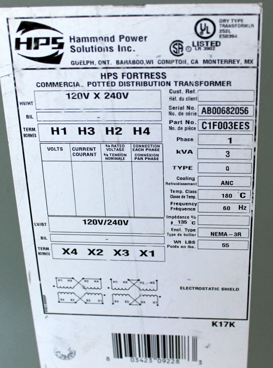 3 kVA HPS Reconditioned Transformer 120/240-120/240V Cat No AB00682056 SKU 3390