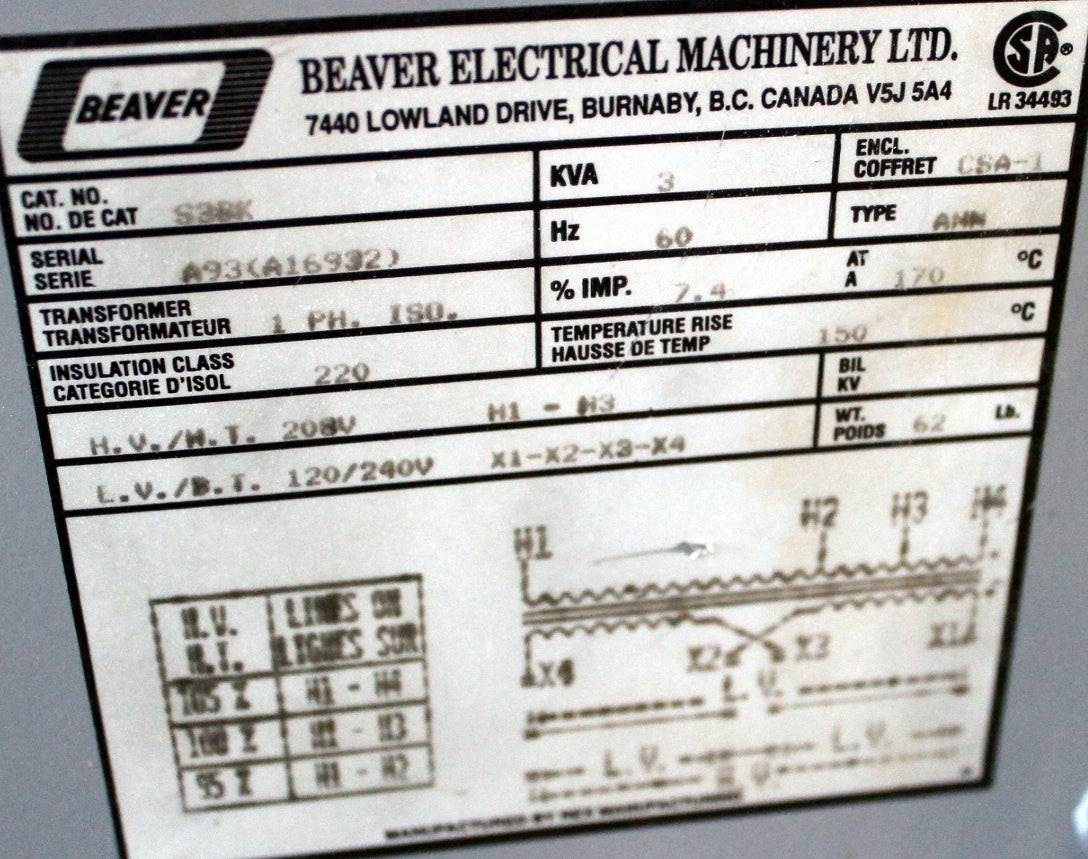 3 kVA Rex Reconditioned Transformer 208-120/240V Cat No S38K SKU 3392