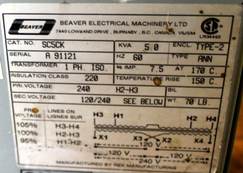 5 kVA Rex Reconditioned Transformer 240-120/240V Cat No SC5CK SKU 3401