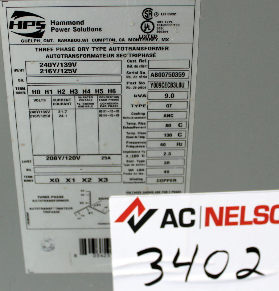 9 kVA HPS Reconditioned Transformer 240/139 216/125-208/120V Cat No Y009CECB3LOU SKU 3402